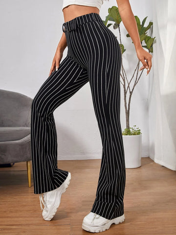 EZwear High Waist Striped Belted Flare Leg Pants