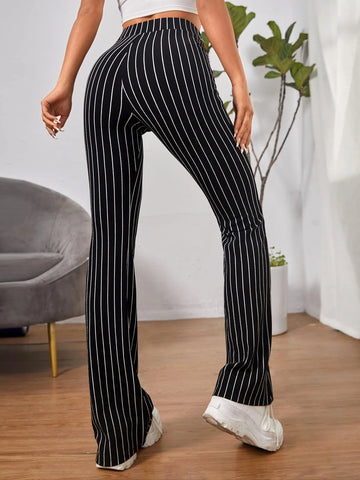EZwear High Waist Striped Belted Flare Leg Pants
