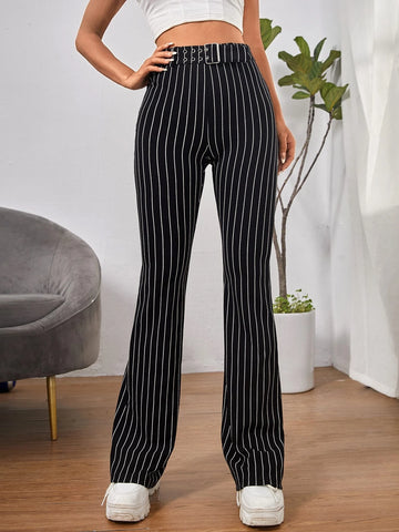 EZwear High Waist Striped Belted Flare Leg Pants