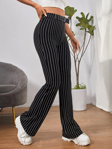 EZwear High Waist Striped Belted Flare Leg Pants