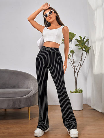EZwear High Waist Striped Belted Flare Leg Pants