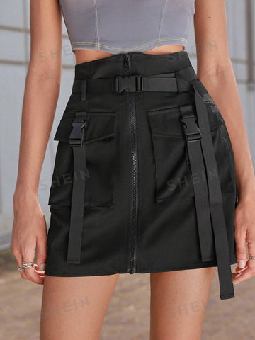EZwear High Waist Zipper Flap Pocket Buckled Belted Cargo Skirt