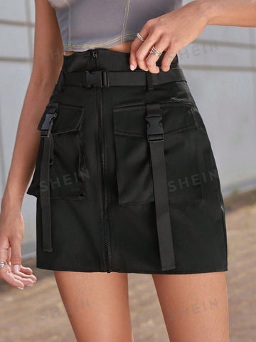 EZwear High Waist Zipper Flap Pocket Buckled Belted Cargo Skirt