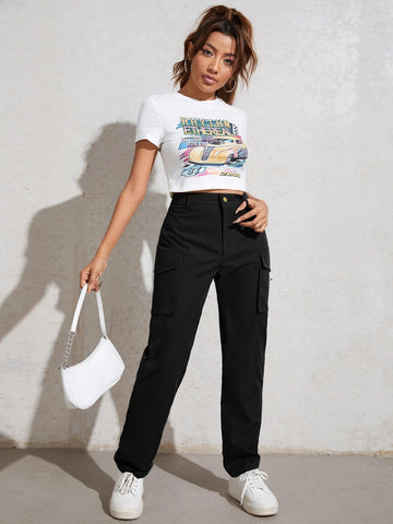 EZwear High Waisted Flap Pocket Zip Fly Pants