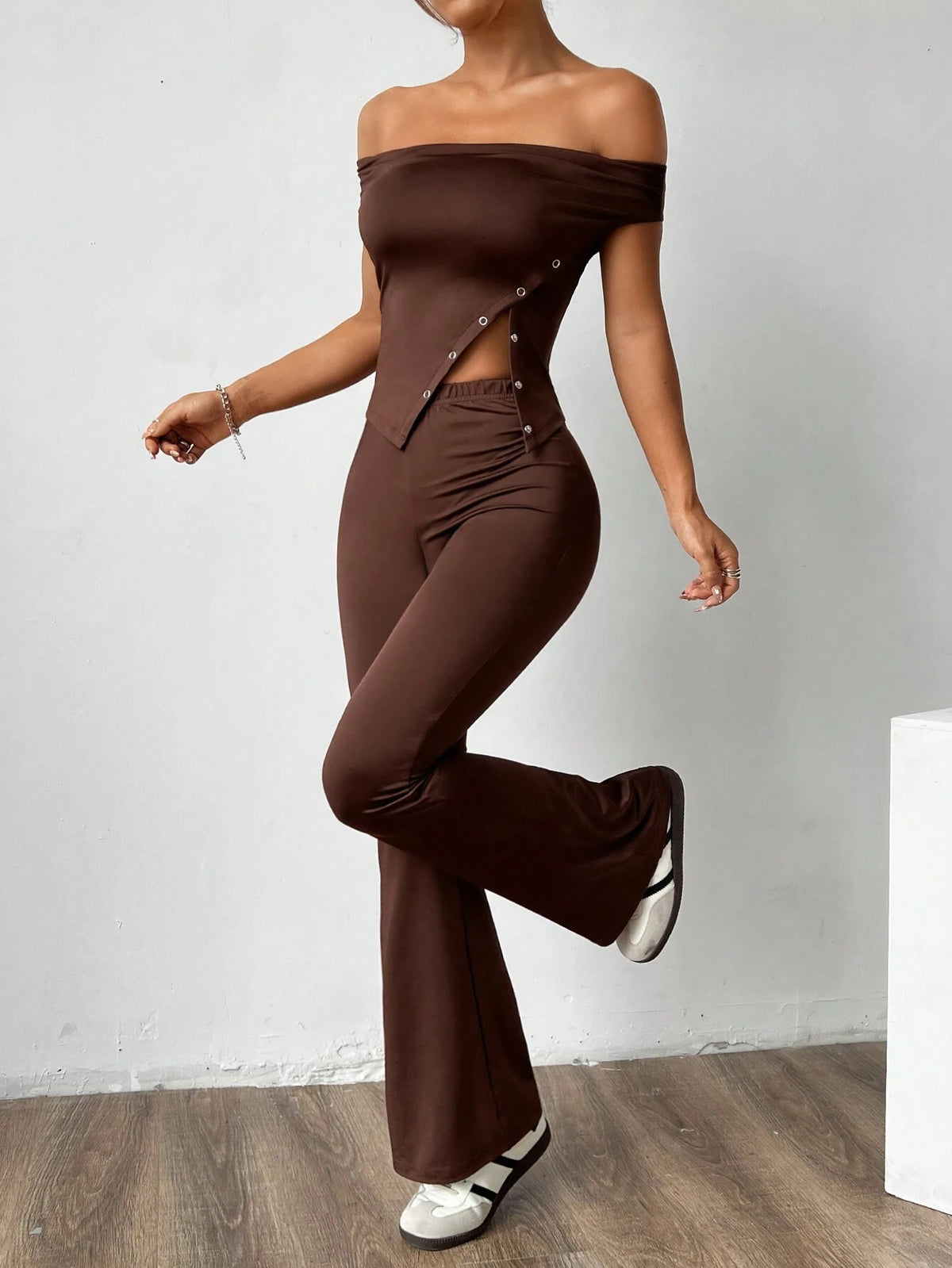 Irregular Hem Off-Shoulder T-Shirt And Flared Pants Two-Piece Set