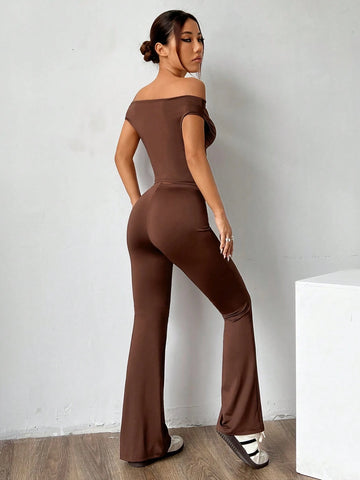 Irregular Hem Off-Shoulder T-Shirt And Flared Pants Two-Piece Set