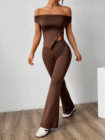 Irregular Hem Off-Shoulder T-Shirt And Flared Pants Two-Piece Set