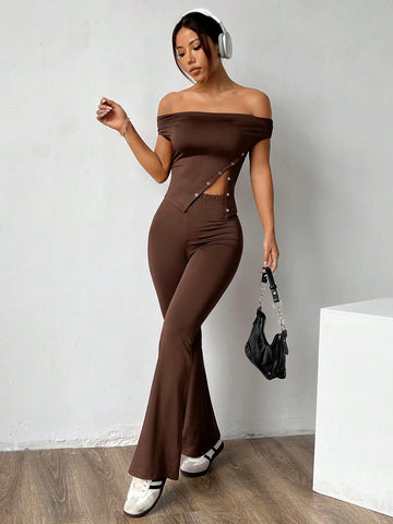 Irregular Hem Off-Shoulder T-Shirt And Flared Pants Two-Piece Set