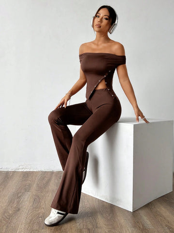 Irregular Hem Off-Shoulder T-Shirt And Flared Pants Two-Piece Set