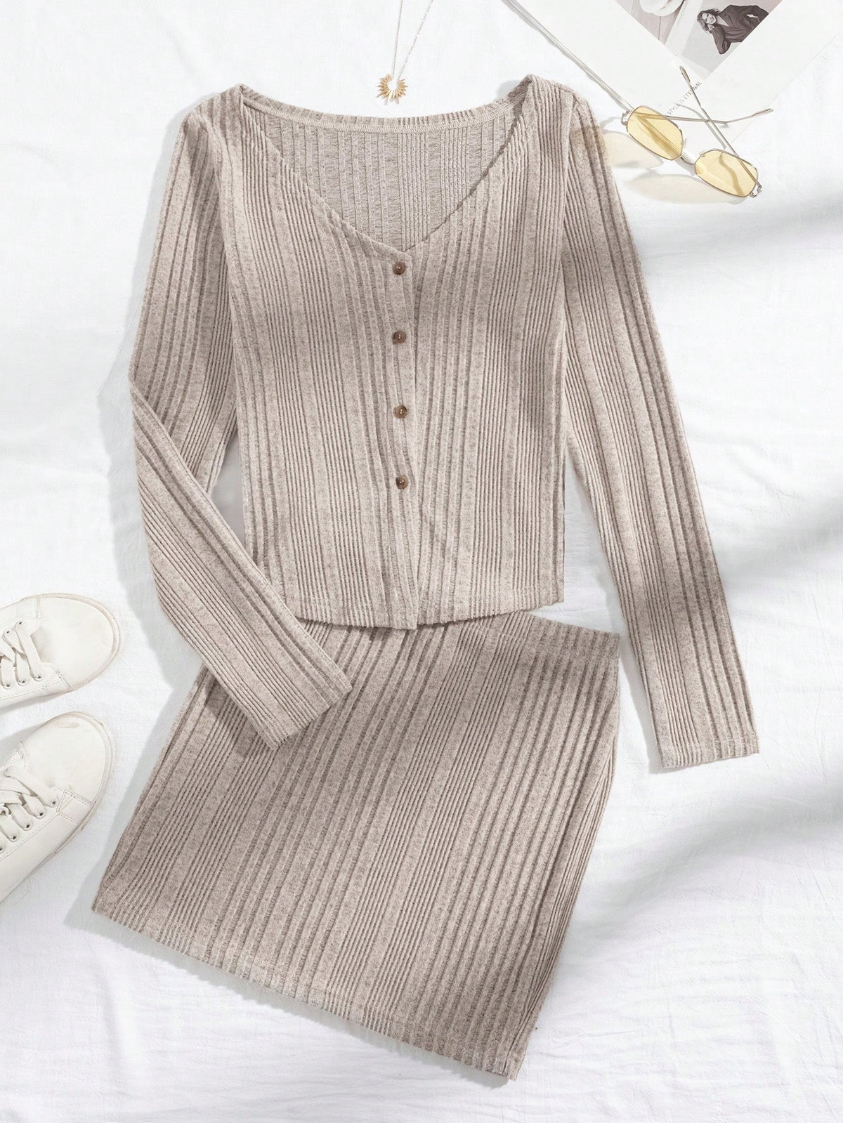 Khaki Button Front Ribbed Knit Bodycon Long Sleeve Top & Mini Skirt Set