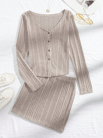 Khaki Button Front Ribbed Knit Bodycon Long Sleeve Top & Mini Skirt Set