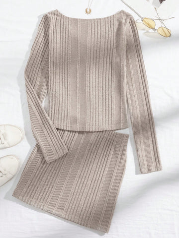 Khaki Button Front Ribbed Knit Bodycon Long Sleeve Top & Mini Skirt Set