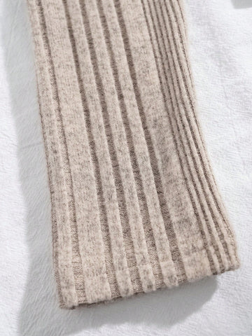 Khaki Button Front Ribbed Knit Bodycon Long Sleeve Top & Mini Skirt Set