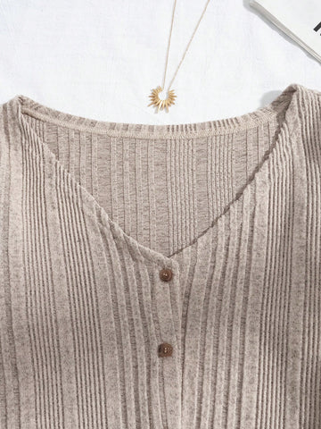 Khaki Button Front Ribbed Knit Bodycon Long Sleeve Top & Mini Skirt Set