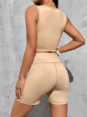 Khaki Tight-Knit Long Sleeve Crop Top And Skirt Set With Patch Detail