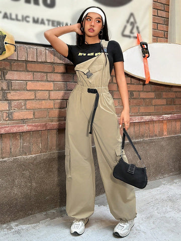Khaki Woven Overalls Jumpsuit With Utility Straps