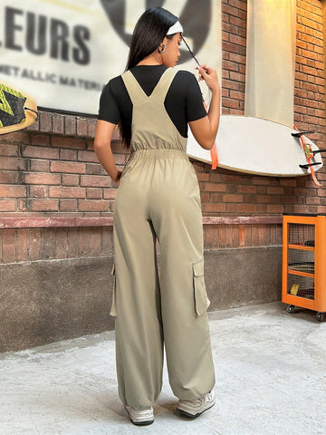 Khaki Woven Overalls Jumpsuit With Utility Straps