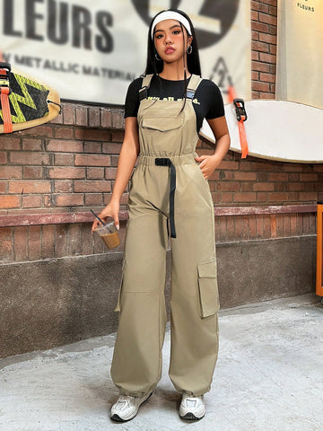 Khaki Woven Overalls Jumpsuit With Utility Straps
