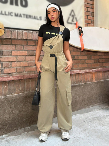 Khaki Woven Overalls Jumpsuit With Utility Straps