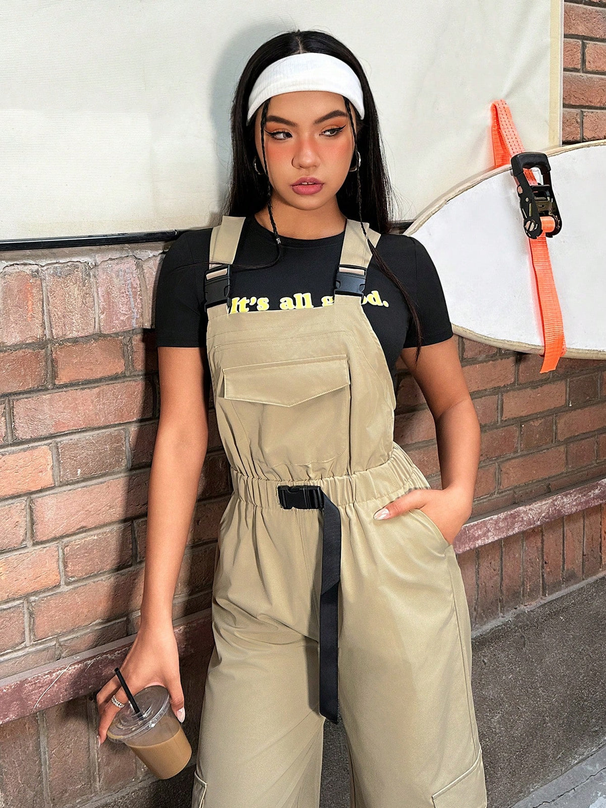 Khaki Woven Overalls Jumpsuit With Utility Straps