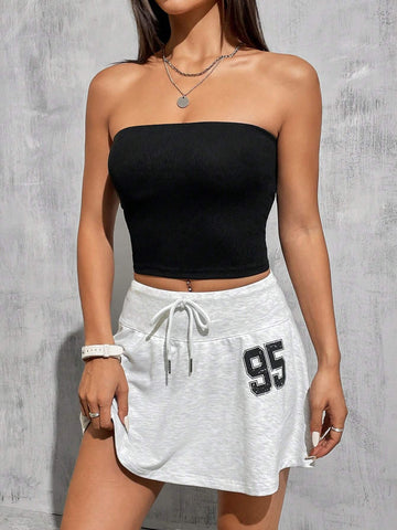 Knitted Tight-Fitting Women's Strapless Top And Letter Printed Skirt Set