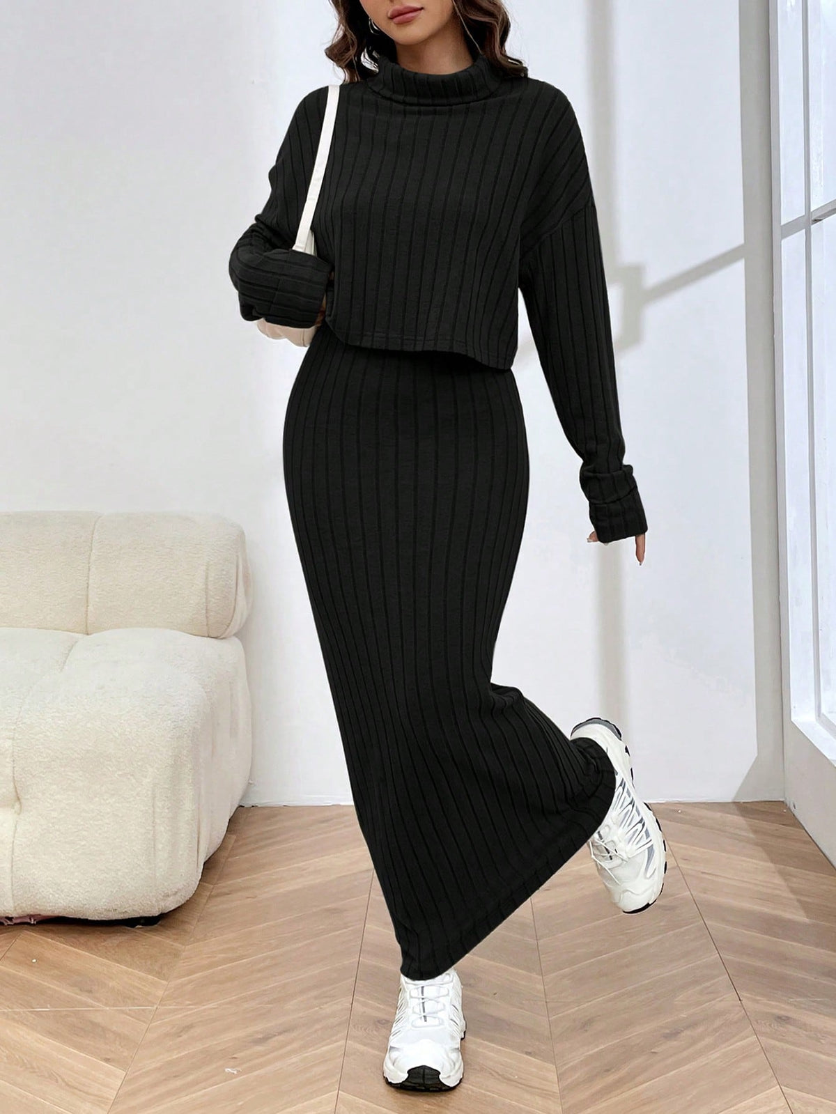 Knitted Women'S Turtleneck Ribbed Long Sleeve Top And Skirt Set