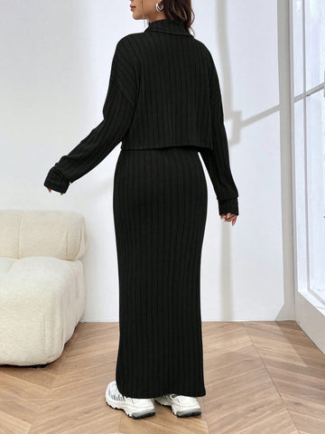 Knitted Women'S Turtleneck Ribbed Long Sleeve Top And Skirt Set