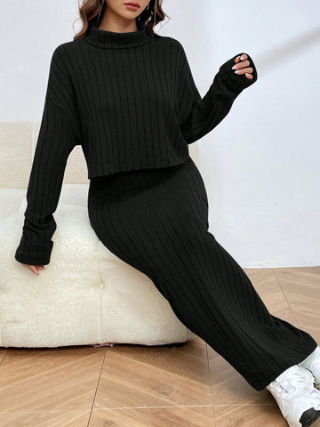 Knitted Women'S Turtleneck Ribbed Long Sleeve Top And Skirt Set