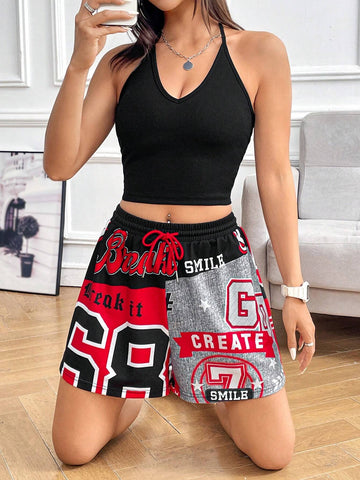 Knitted Women's Solid Color Halter Neck Tank Top And Letter Print Shorts Set