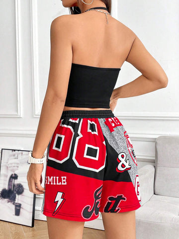 Knitted Women's Solid Color Halter Neck Tank Top And Letter Print Shorts Set