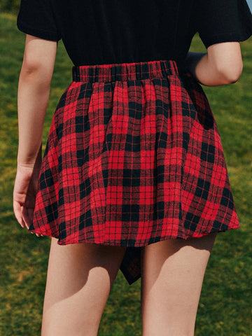 EZwear Knot Front Asymmetrical Hem Plaid Skirt