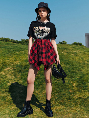 EZwear Knot Front Asymmetrical Hem Plaid Skirt