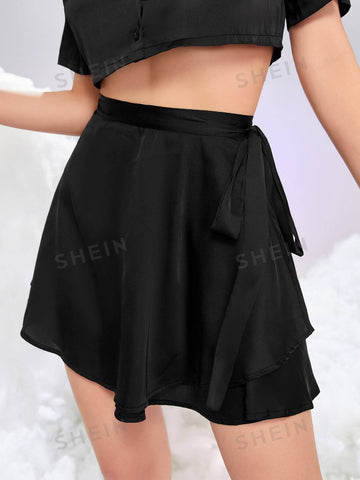 EZwear Knot Side Wrap Satin Skirt