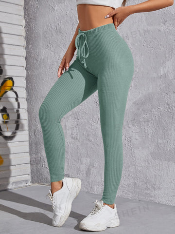 EZwear Knot Waist Rib-knit Solid Leggings