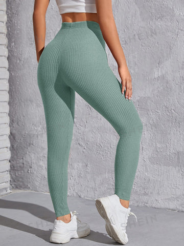 EZwear Knot Waist Rib-knit Solid Leggings