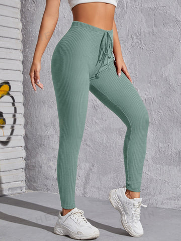 EZwear Knot Waist Rib-knit Solid Leggings