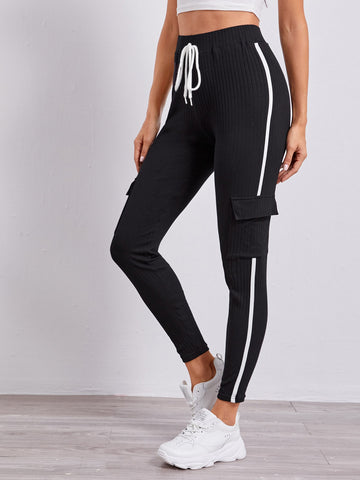 EZwear Knotted Waist Flap Pocket Side Joggers