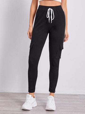 EZwear Knotted Waist Flap Pocket Side Joggers