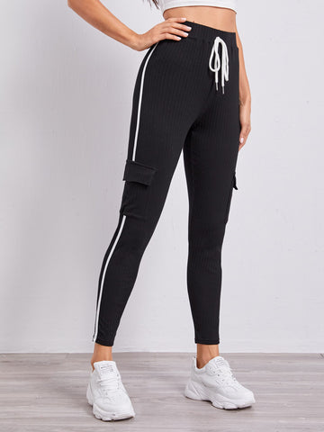 EZwear Knotted Waist Flap Pocket Side Joggers