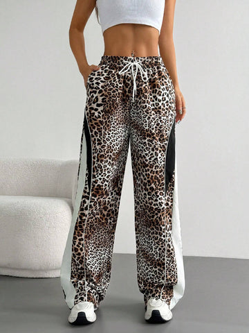 EZwear Lace-Up Leopard Print Patchwork Casual Sport Pants, Daily Wear