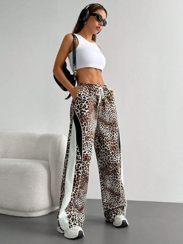 EZwear Lace-Up Leopard Print Patchwork Casual Sport Pants, Daily Wear