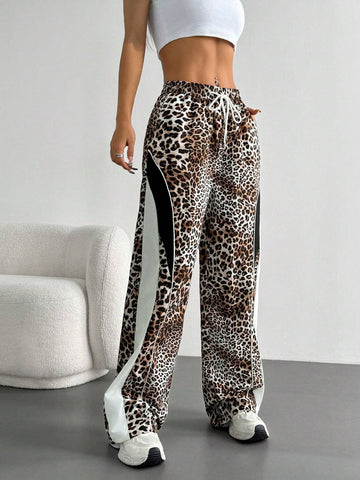EZwear Lace-Up Leopard Print Patchwork Casual Sport Pants, Daily Wear
