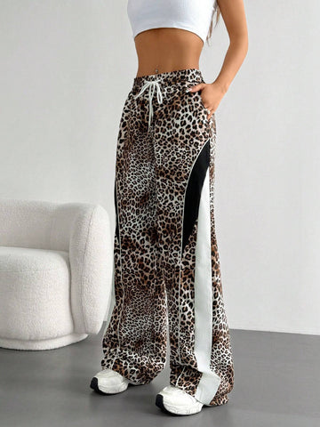 EZwear Lace-Up Leopard Print Patchwork Casual Sport Pants, Daily Wear