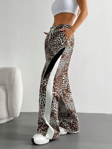 EZwear Lace-Up Leopard Print Patchwork Casual Sport Pants, Daily Wear