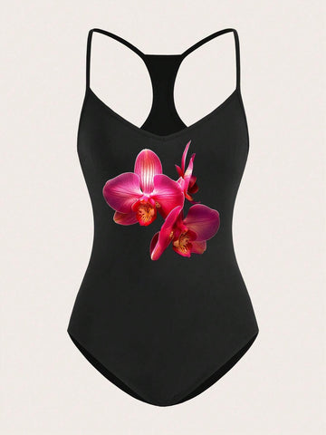 Ladies' Black Casual Bodycon Bodysuit With Floral Seaside Vacation Pattern, Suitable For Summer