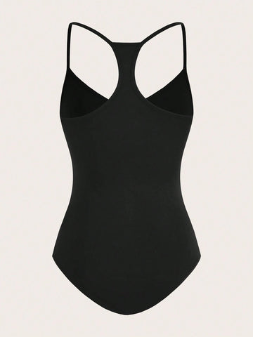 Ladies' Black Casual Bodycon Bodysuit With Floral Seaside Vacation Pattern, Suitable For Summer