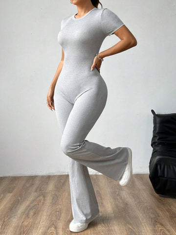 Ladies' Casual Wide-Legged Jumpsuit Made Of Waffle Fabric