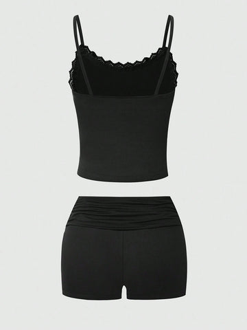 Ladies Lace Decoration Cami Two-Piece Set