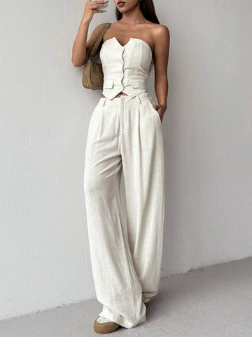 Ladies' Linen Simple Solid Color Tube Top And Long Pants Two-Piece Set