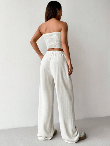 Ladies' Linen Simple Solid Color Tube Top And Long Pants Two-Piece Set